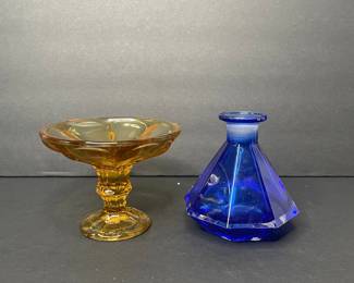 Vintage Amber Glass Compote and Cobalt Blue Geometric Bottle