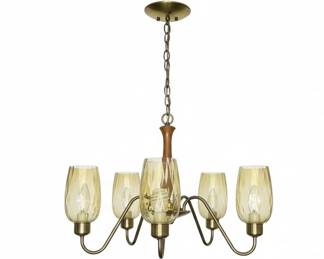 Vintage Brass and Wood Five-Light Chandelier with Amber Glass Shades