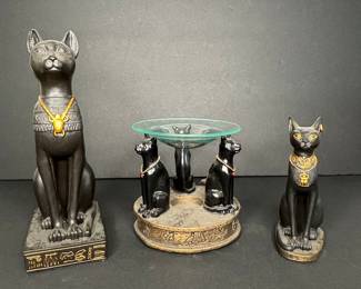 Egyptian Revival Bastet Cat Trio Candle Holder and Figurines