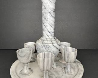 Vintage White Marble Sake Decanter Set with 6 Goblets and Tray