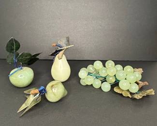Vintage Hardstone Fruit Carvings - Apple, Pear, and Grape Cluster