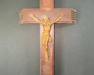 Vintage Wood and Brass Wall Crucifix