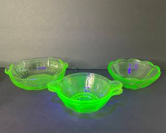 Vintage Anchor Hocking Green Uranium Glass Handled Bowls