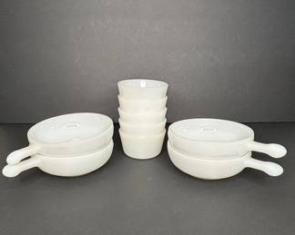 Glasbake Milk Glass Handled Soup Bowls