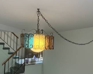 Mid-Century Modern Swag Chandelier with Textured Amber, Blue, and Clear Glass Panels