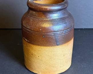 069 stonewarecrockbrownandtanglazedjar