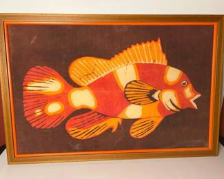 151 framedbatikfishtextileartinmidcen