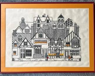 038 framedvillagestreetsceneembroideryi