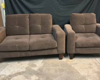 Brown Comfortable Upholstered Loveseat and Chair