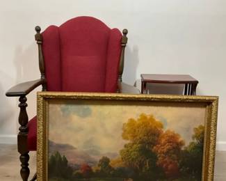 Upholstered Wood Armchair with Framed Landscape Art