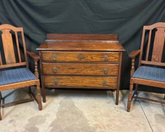 Wood Three Drawer Chest. With Two Chairs