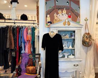 Vintage china cabinet, fiber art, clothing, home decor. 