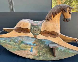 CT105Vintage Folk Art HandPainted Wooden Rocking Horse with Scenic Landscape Panels