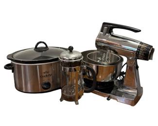 Vintage Chrome Sunbeam Mixmaster Stand Mixer Lot with CrockPot  French Press