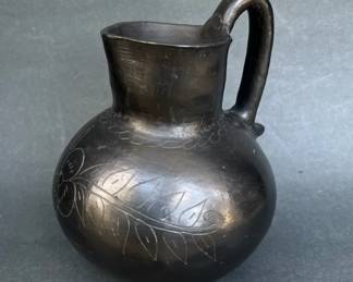 Barro Negro Water Pitcher Etched Floral Handcrafted Oaxaca Pottery