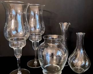 Glass Lot  Etched Heritage Hurricane Lamps 2, Etched Ruffle Bud Vase, MORE