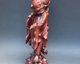 Vintage East Asian Carved Wood Arhat Luohan Statue 14 Inlaid Eyes and Teeth, Wooden Sculpture