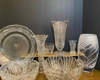 8Piece Vintage Cut Crystal  Glassware Lot  Serving PlateBowls Vases