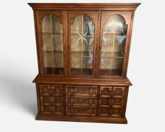 MidCentury Broyhill Wood China Cabinet Buffet, Cathedral Paneled Doors