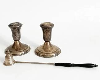 Lord Silver Weighted Sterling Candlesticks  Sterling Candle Snuffer, Ebony Handle