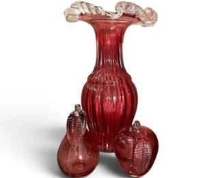 Vintage Rossi Cranberry Blown Glass  Ruffled Vase, Glass Pear  Apple  3 Pcs