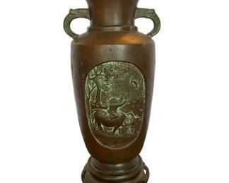 Antique Japanese Meiji Bronze Vase  Boy on Ox  Farmer Relief Panels 11  Figural Handles
