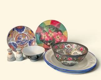 Ceramics Lot  Imari Ware Plate, Vintage Salt  Pepper Shakers, Rice Bowl, Floral Bowl, MORE