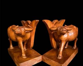 Vintage Pair of HandCarved Water Buffalo Wooden Bookends, Large