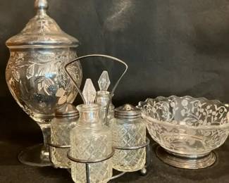 Silver PlateGlass Lot  Caddy, Lidded Candy Jar w Silver Overlay, Etched Bowl