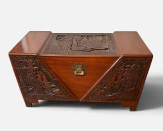 Vintage HandCarved Wooden Trunk w Oriental Nautical Relief Brass Latch