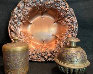 Metal Decor  Copper Repouss Center Bowl, Brass Elephant Claw Bell  Lidded Jar