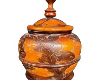 Vintage Hand Carved Haitian Wooden Jar with Lid, 12 Tall