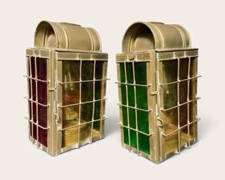 Pair 2 Antique Brass Ship Cabin Oil Lanterns, Multicolored Glass, Internal Fuel Wick Burners