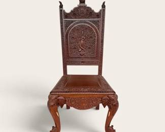 Vintage Mid-Century Hand-Carved Indo-Asian Throne Chair w/ Inlaid Tusk