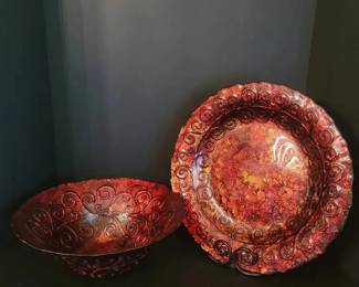 Red  Gold Art Glass Set  Ornate Decorative Bowl  Platter