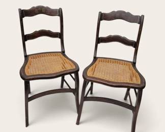 Pair Of Antique Wood and Cane Chairs w Floral Stencils