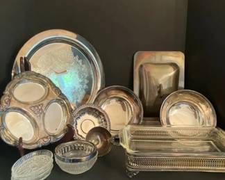 8 Pcs Silver PlatedGlass Serveware PCS by Gorham  Oneida Silversmiths, FireKing