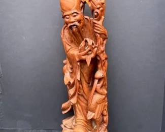Vintage East Asian Carved Wood Shou Lao Statue 21.5 Tall, Chinese Wooden Sculpture