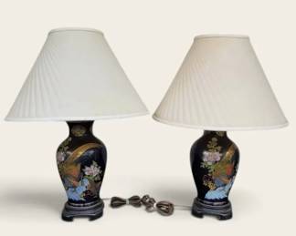 Pair of MidCentury Japanese Satsuma Style Blue Porcelain Table Lamps  Pheasant, Floral, Gold