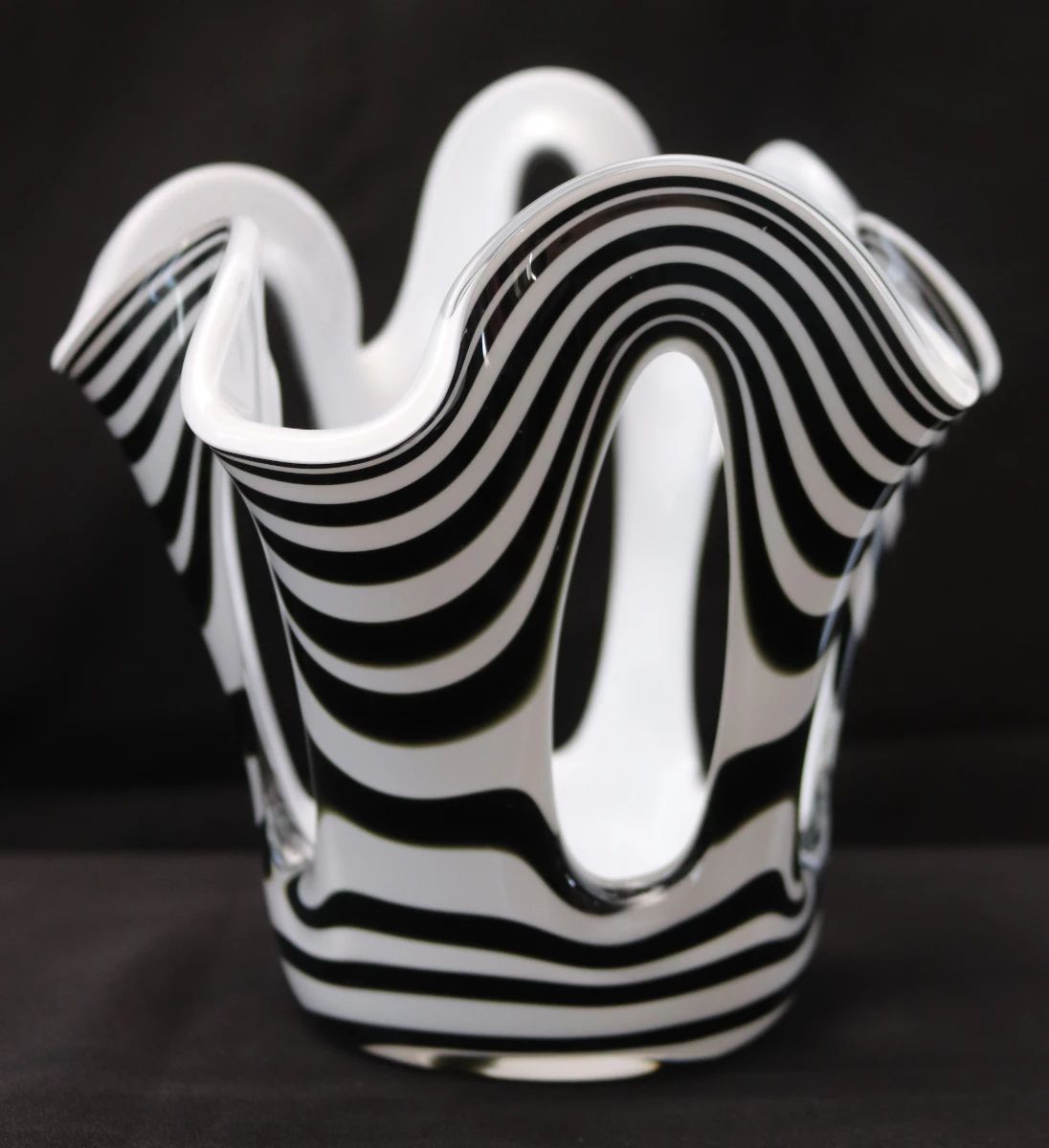 Unique Josefina Krosno Hand Blown Art Glass Sculptural Vase In Black-and-White Zebra Stripe Pattern