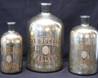 Set Of 3 Large Aged Mercury-Glass Finish "Le Soleil Malines" Decorative Bottles