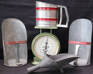 Vintage Green Pelouze Family Scale, Galvanized Metal Scoops And Flour Sifter