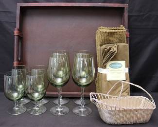 Assorted Serveware Items Including Pier 1 Olive Green Glassware, Large Wooden Serving Tray, Placemats And Napkins