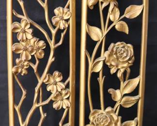 Set Of 2 Vintage Syroco Gold-Tone Botanical Wall Plaques - MCM Decor