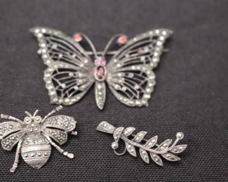 Vintage Sterling Silver And Marcasite Butterfly, Bee And Branch Figural Brooches