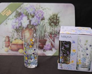 Set Of 4 Mikasa Quinn Floral Pattern Highball Glasses And Large "Potted Haven" Multi-Purpose Cutting Board