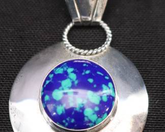 Sterling Silver VHC Large Southwestern Style Pendant Featuring Azurite Centerpiece
