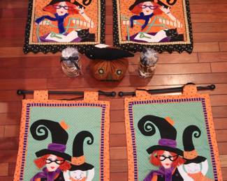 Assorted Halloween Decor Including Garden Flags, Candles And Primitive Fabric Pumpkin