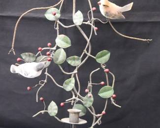 Adorable Vintage Toleware Metal Flowers And Porcelain Birds Wall Sconce/Candle Holder