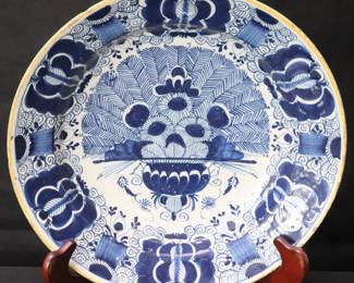 Large Antique/Vintage Dutch Delft Blue And White "Peacock" Plate/Charger